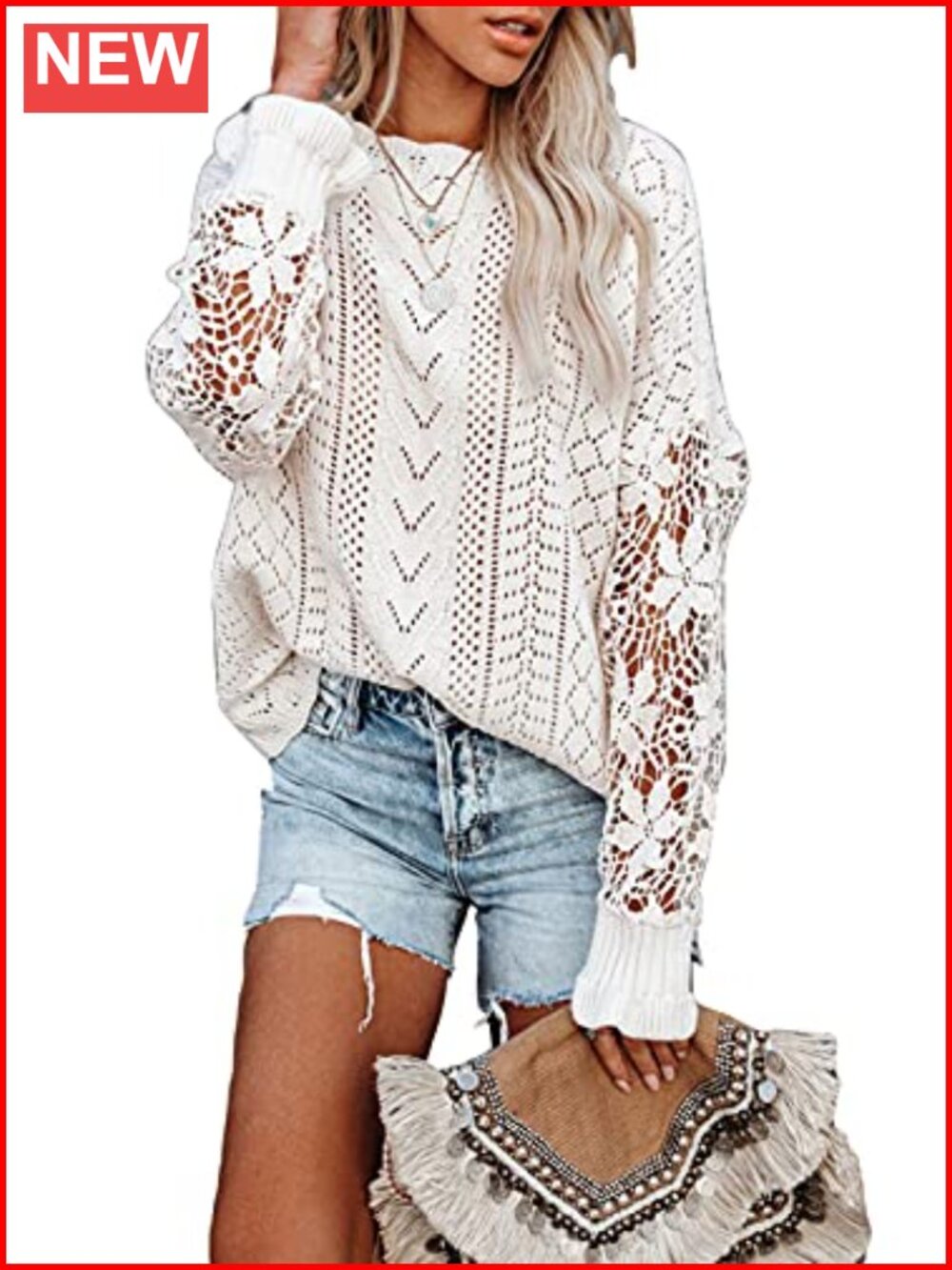 Crochet Lace Long Sleeve Cable Knit Sweater Pullover